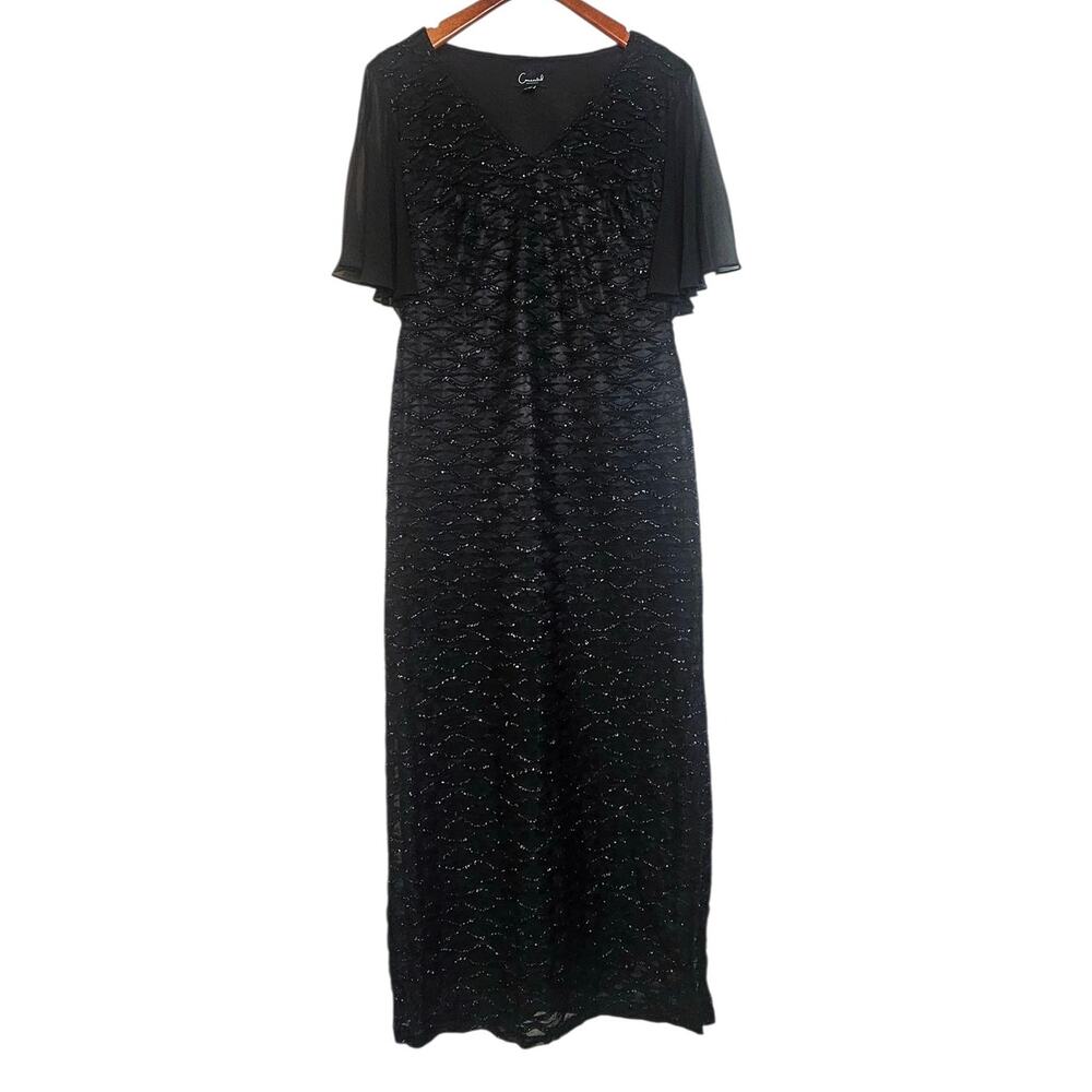 Connected Apparel Black Formal Long Party Dress with Short Flutter Sheer Sleeves